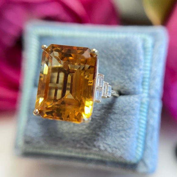 Large Citrine Emerald Cut Diamond Cocktail Ring 14k Yellow Gold - Picture 12 of 16